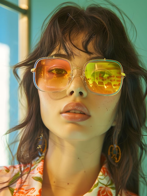 Retrato de mujer joven con rasgos asiáticos con gafas modernas y estilo futurista Moda conceptual