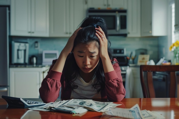 Un retrato de una mujer joven sentada a un escritorio y preocupada por las facturas y las finanzas de la deuda estresan los desafíos financieros del presupuesto Un concepto de inestabilidad financiera