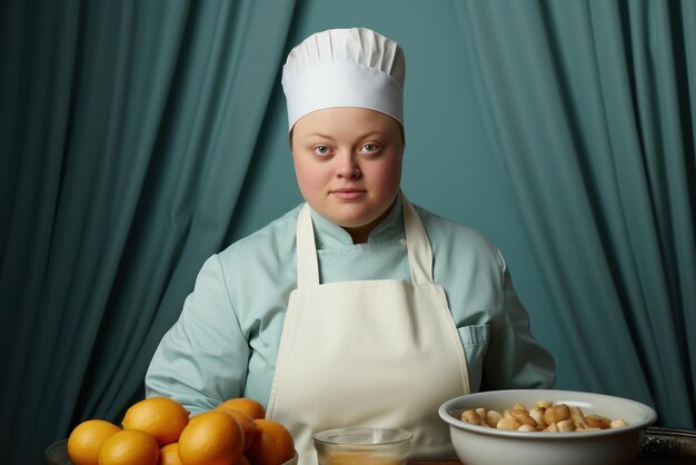 Foto un retrato de una mujer joven con síndrome de down que es cocinera en un fondo colorido generado por ai