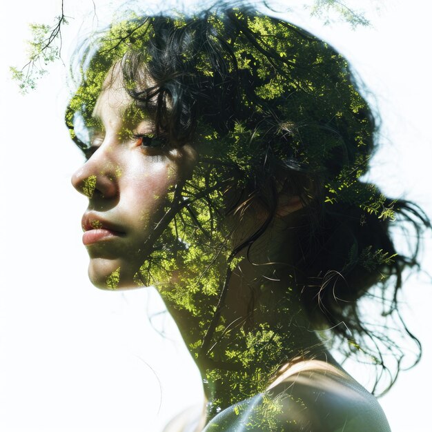 Foto retrato de mujer joven sobre fondo blanco con árboles verdes hechos en la doble exposición