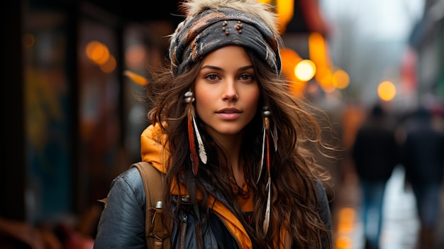 retrato de mujer joven con sombrero de invierno