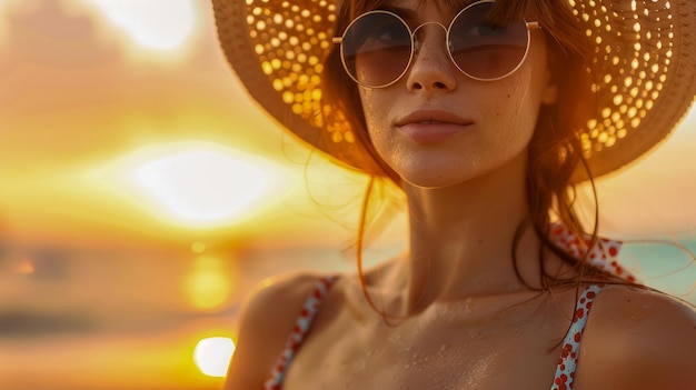 Foto retrato de una mujer joven con sombrero de verano y gafas de sol al atardecer en la playa con luz cálida y