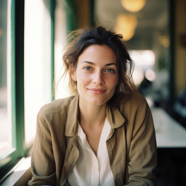 Retrato de una mujer joven sonriendo en un restaurante