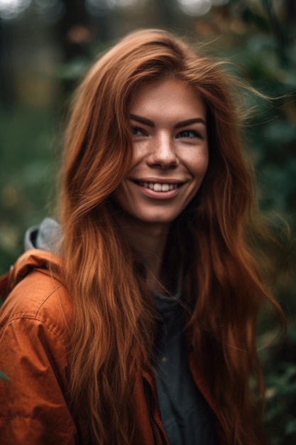 Retrato de una mujer joven sonriente al aire libre creado con ai generativo