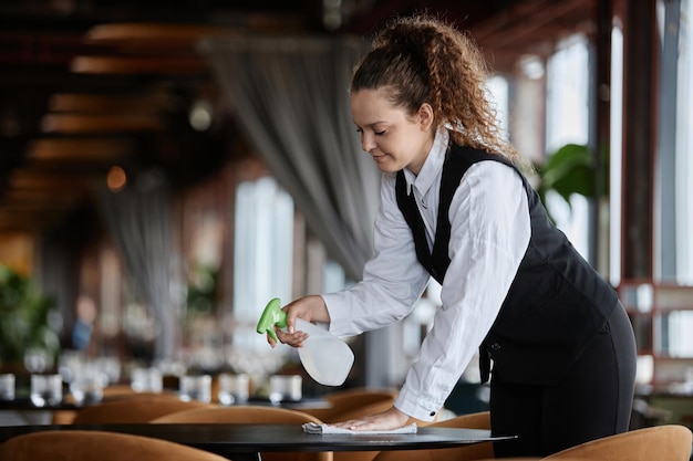 Retrato de una mujer joven sonriente como camarera con uniforme clásico y limpiando mesas de comedor en el espacio de copia del restaurante