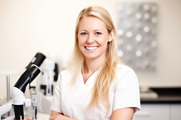 Retrato de una mujer joven sonriente con equipo dental en el fondo creado con ai generativo