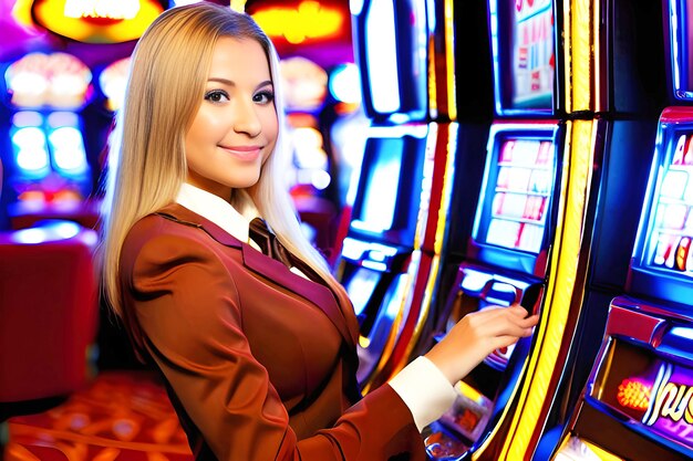 Retrato de una mujer joven sonriente que juega a la máquina tragamonedas en el casino IA generativa