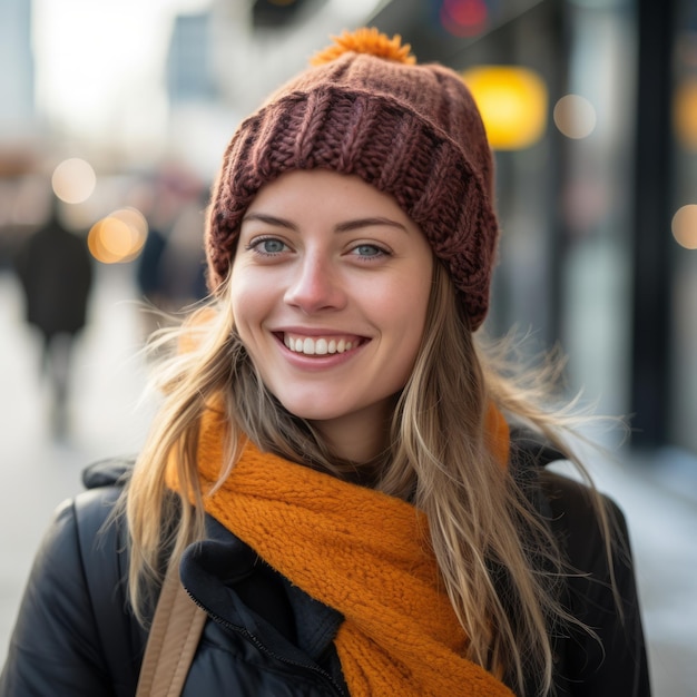 retrato de una mujer joven sonriente que lleva un sombrero caliente y una bufanda en la ciudad