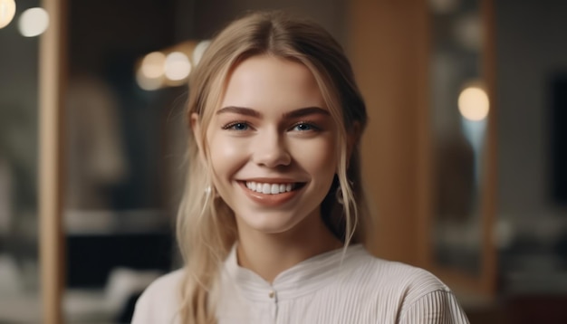 Retrato de mujer joven con sonrisa perfecta mira a la cámara