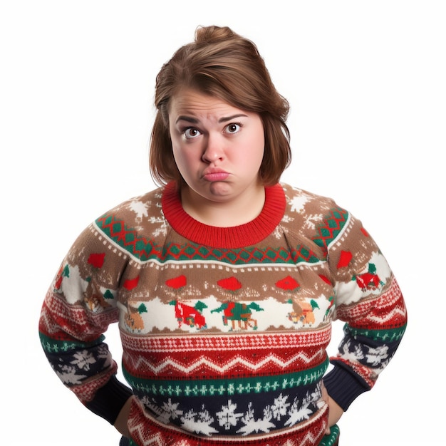 Foto retrato de una mujer joven con un suéter de navidad sobre un fondo blanco