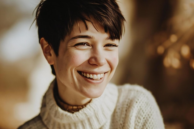 Foto retrato de una mujer joven con un suéter de punto sonriendo