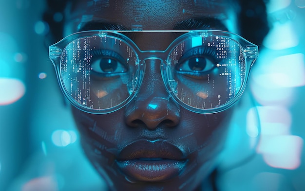 Retrato de una mujer joven con sus gafas ofreciendo una vista clara de la vibrante ciudad detrás de ella