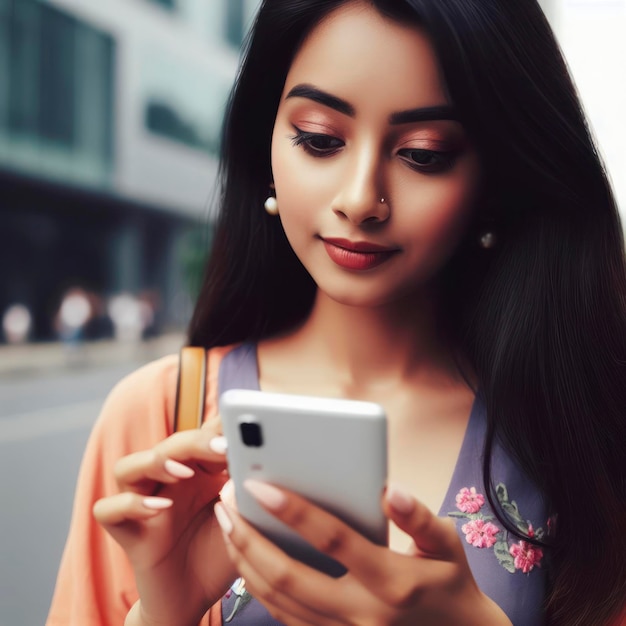 Retrato de una mujer joven con un teléfono móvil para usar las redes sociales en un teléfono inteligente ai generativo