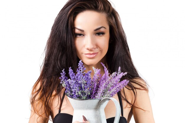 Retrato, de, mujer joven, toma, lavanda