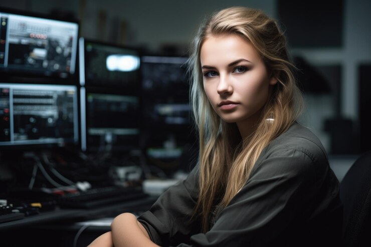 Retrato de una mujer joven trabajando en su escritorio en un laboratorio de tecnología creado con IA generativa