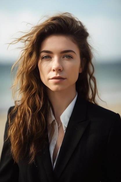 Retrato de una mujer joven con traje en la playa