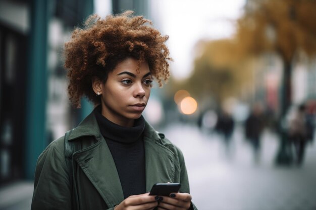 Retrato de una mujer joven usando su teléfono móvil en la ciudad