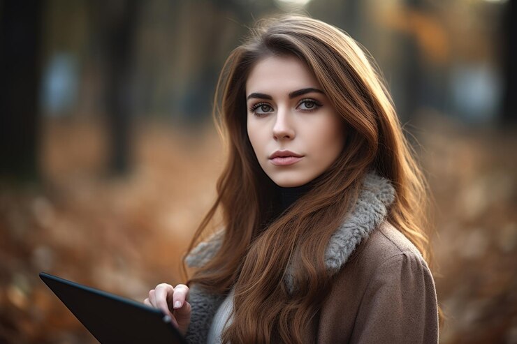 Retrato de una mujer joven usando una tableta digital sin derechos de autor creada con IA generativa
