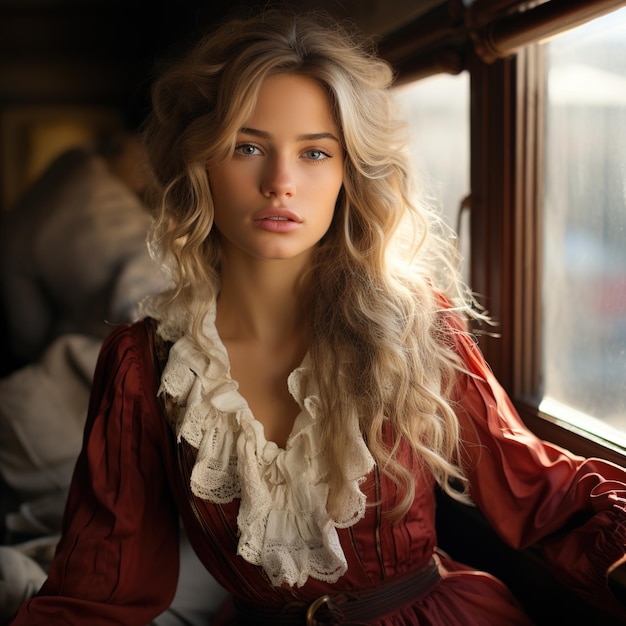 Retrato de una mujer joven con un vestido rojo