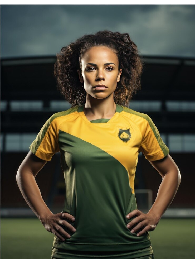 retrato, de, un, mujer, jugador de fútbol, delante de, un, campo
