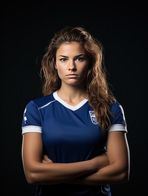 retrato, de, un, mujer, jugador de fútbol, delante de, un, campo