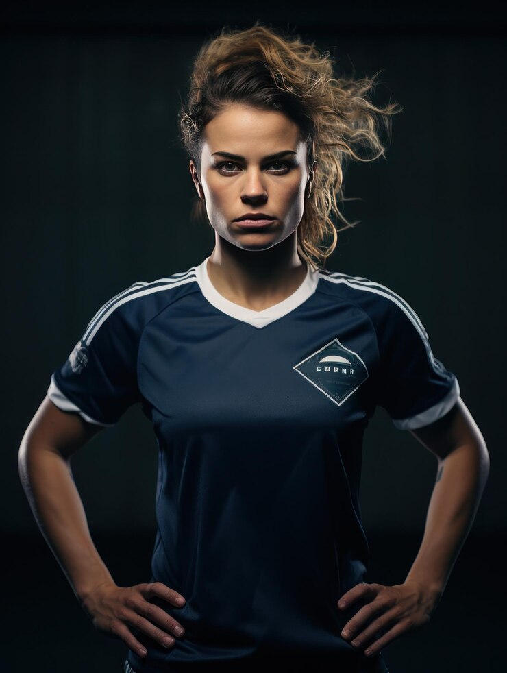 retrato, de, un, mujer, jugador de fútbol, delante de, un, campo