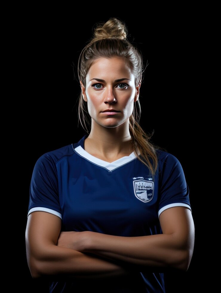 retrato, de, un, mujer, jugador de fútbol, delante de, un, campo