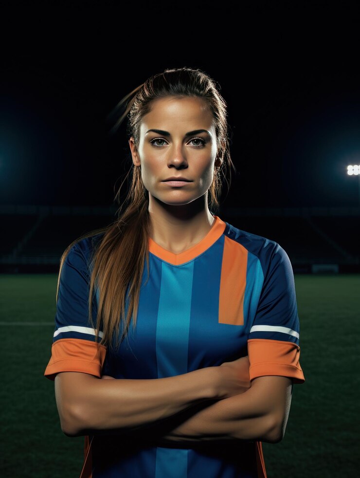 retrato, de, un, mujer, jugador de fútbol, delante de, un, campo