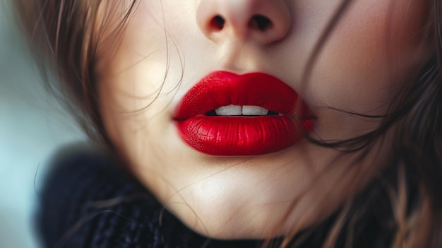 Un retrato de una mujer con labios rojos sexy y cabello ondulado de cerca