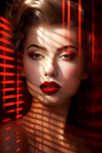 Un retrato de una mujer con labios rojos y la sombra de las persianas en la pared.