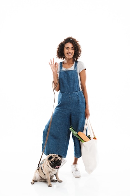 Retrato de mujer linda guiñando un ojo y gesticulando ok cantar mientras se balancea con su pug y bolsa de compras aislado sobre la pared blanca