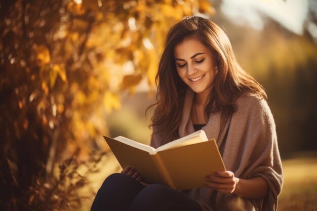 Retrato de una mujer linda leyendo un libro en otoño