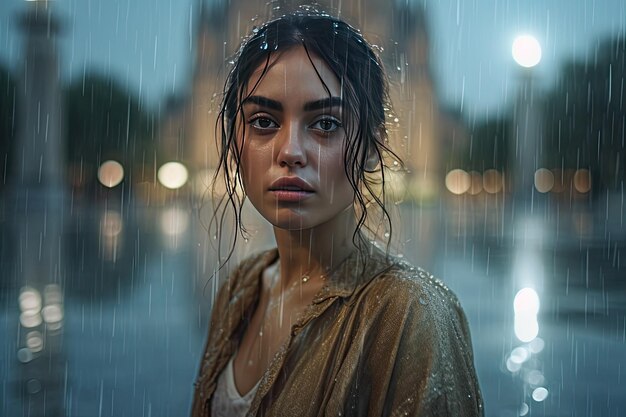 Un retrato de una mujer bajo la lluvia