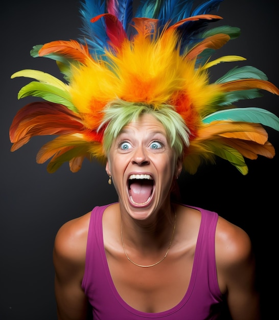 Retrato de una mujer loca y loca con una banda de plumas coloridas en la cabeza, sonriendo y gritando, sintiendo emoción y alegría generativa.