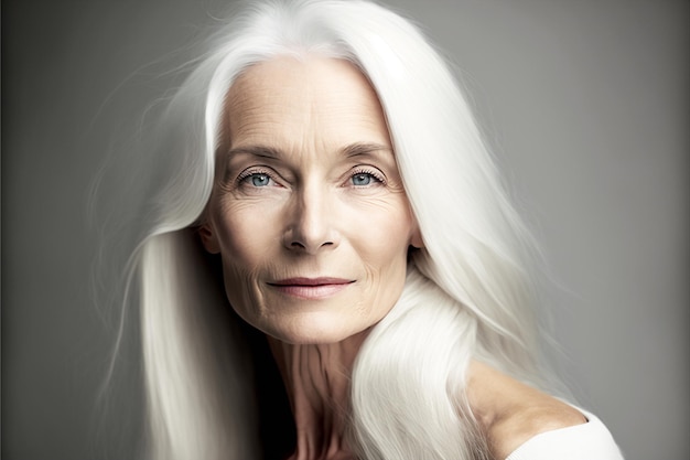 Retrato de mujer madura de cabello gris generativo ai cámara de aspecto aislado segura y orgullosa