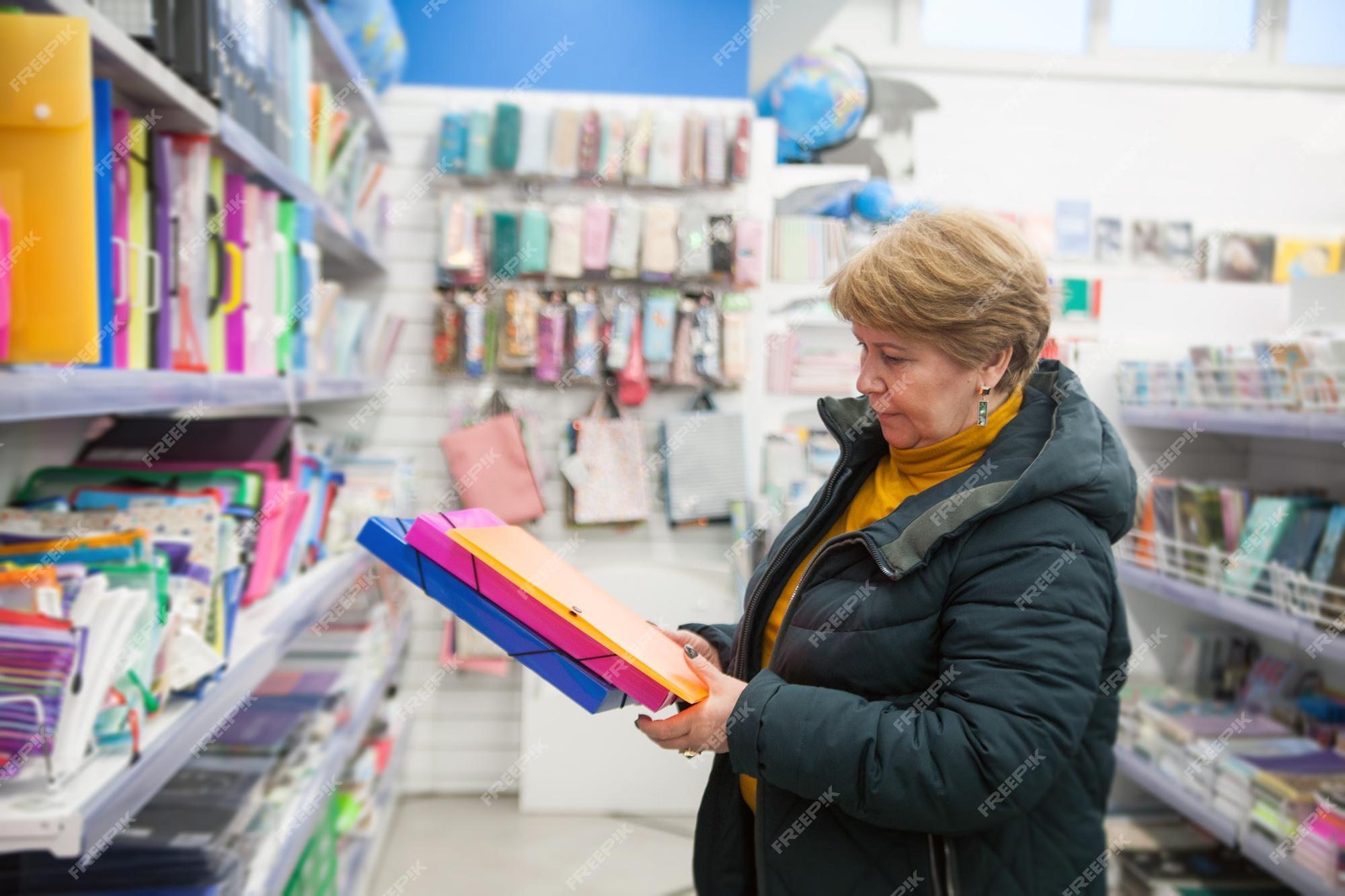 Retrato de mujer madura entre estanterías con papelería xa |