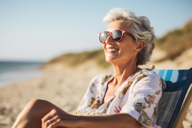 Retrato de una mujer madura feliz sentada en una silla en la playa en verano