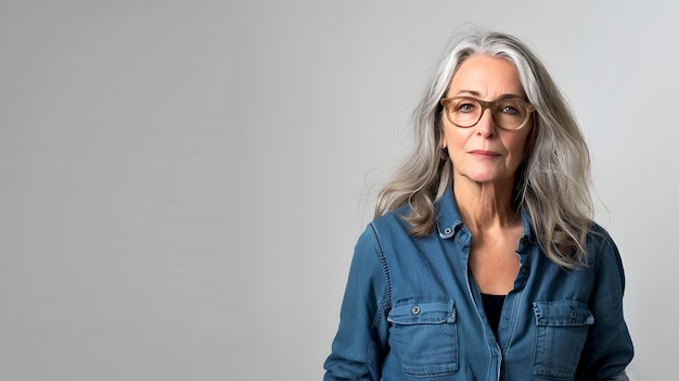 Foto retrato de una mujer madura con gafas posando con confianza casual denim style fotografía de estudio con una ia de fondo gris