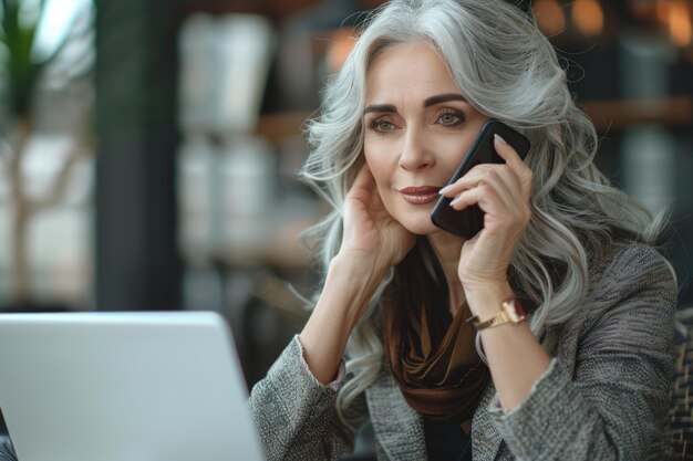 Retrato de una mujer madura hablando en teléfono móvil mientras trabaja con una computadora portátil en la oficina Concepto de mujer de negocios