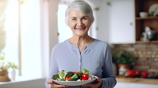 Retrato de una mujer madura pensionista sosteniendo un plato de ensalada de verduras saludable
