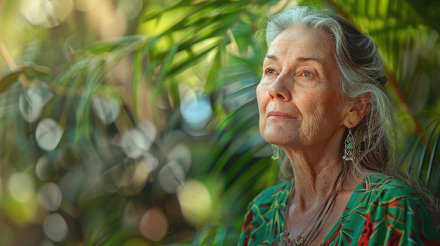 Retrato de una mujer madura serena en el jardín