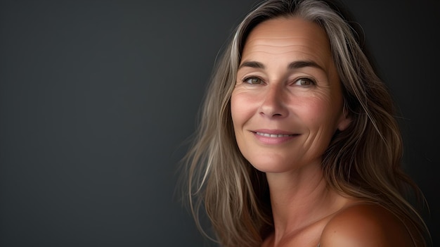 Retrato de una mujer madura sonriente con fondo gris que muestra belleza natural y confianza capturada en un estilo minimalista moderno ideal para el estilo de vida y el bienestar.