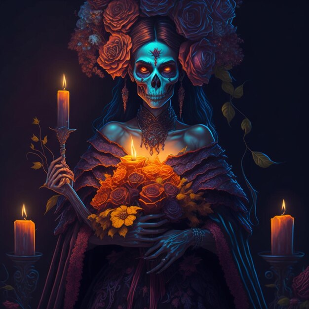 Retrato de una mujer con maquillaje de cráneo de azúcar sobre fondo oscuro traje de Halloween y vela de maquillaje