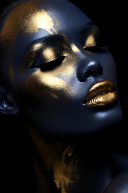 Retrato de una mujer con maquillaje dorado.