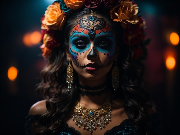 Retrato de una mujer con maquillaje en Halloween sobre un fondo oscuro