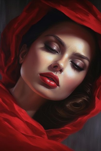 Un retrato de una mujer con maquillaje rojo y capucha roja.