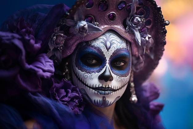 Retrato de mujer con maquillaje tradicional de la muerte festival mexicano Día de los Muertos Halloween