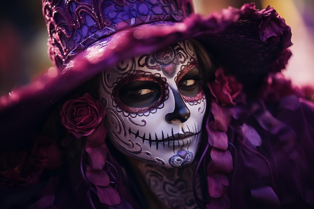 Retrato de mujer con maquillaje tradicional de la muerte festival mexicano Día de los Muertos Halloween