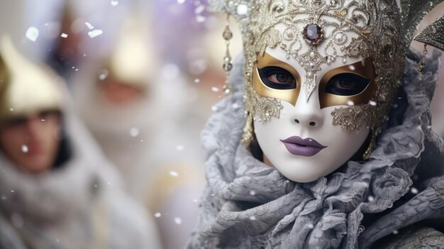 Retrato de una mujer con una máscara de carnaval pintada en el festival de vacaciones de carnaval generativo Ai