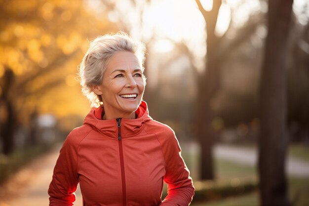 retrato de una mujer mayor alegre corriendo por la mañana en el parque de otoño